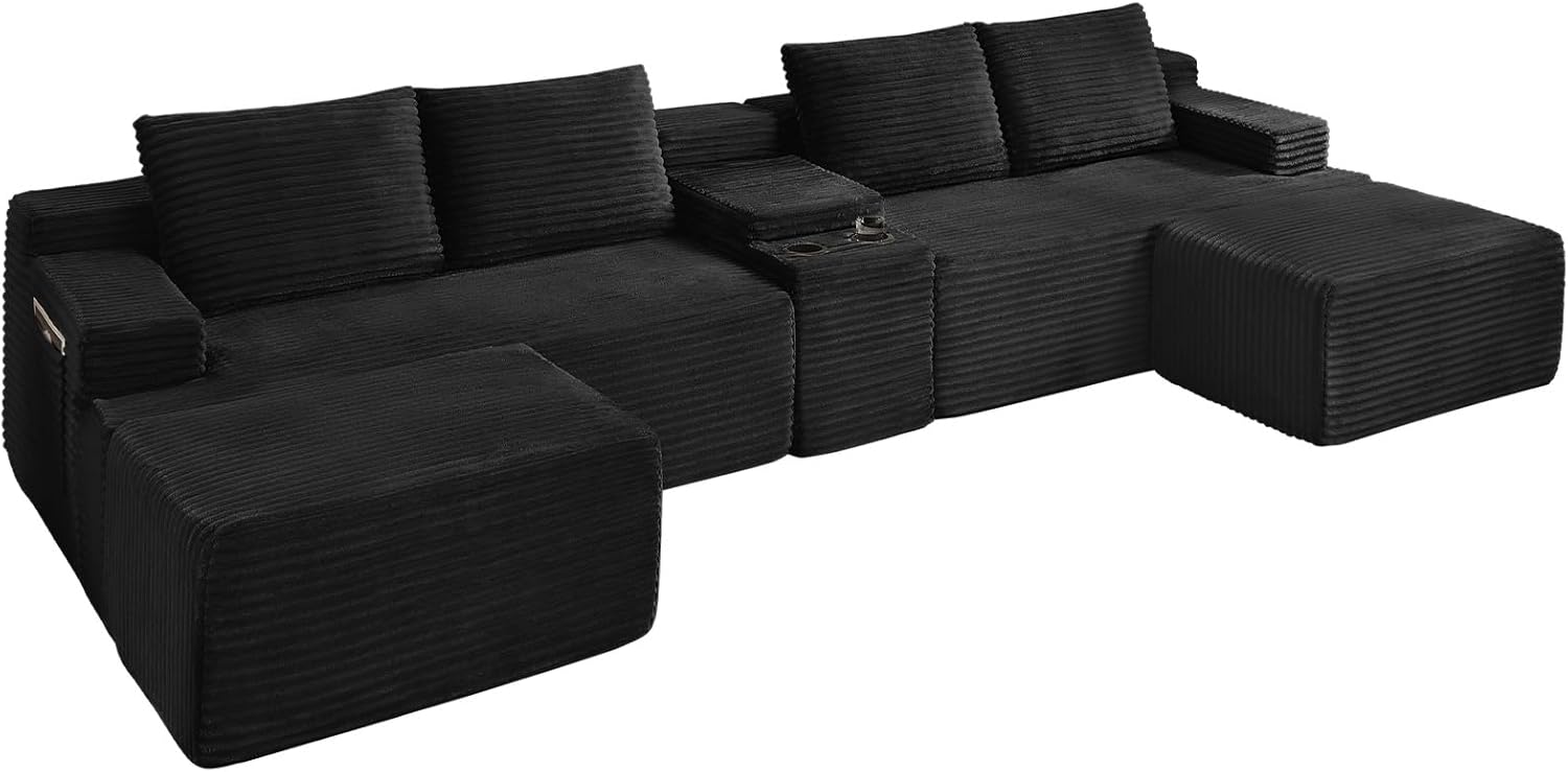 GNIXUU 140.6" Oversized U Shaped Black Boneless Sectional Couches for Living Room, Large Cloud Modular Sofa Set with Storage Console, Cup Holder, Side Pockets, Deep Seat No Assembly Corduroy Couch