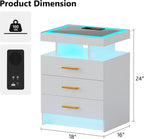 Set of 2 Nightstand with Charging Station and 3 Drawers for Bedroom Black | High Gloss Bedside Table with 3 Color Dimmable Light, LED Night Stand with USB Type-C Port
