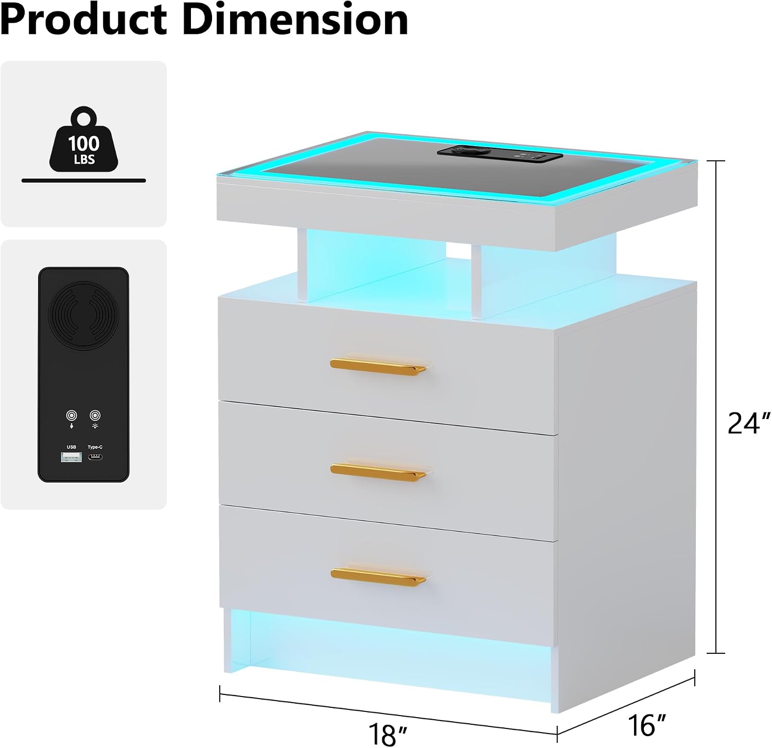 Set of 2 Nightstand with Charging Station and 3 Drawers for Bedroom Black | High Gloss Bedside Table with 3 Color Dimmable Light, LED Night Stand with USB Type-C Port