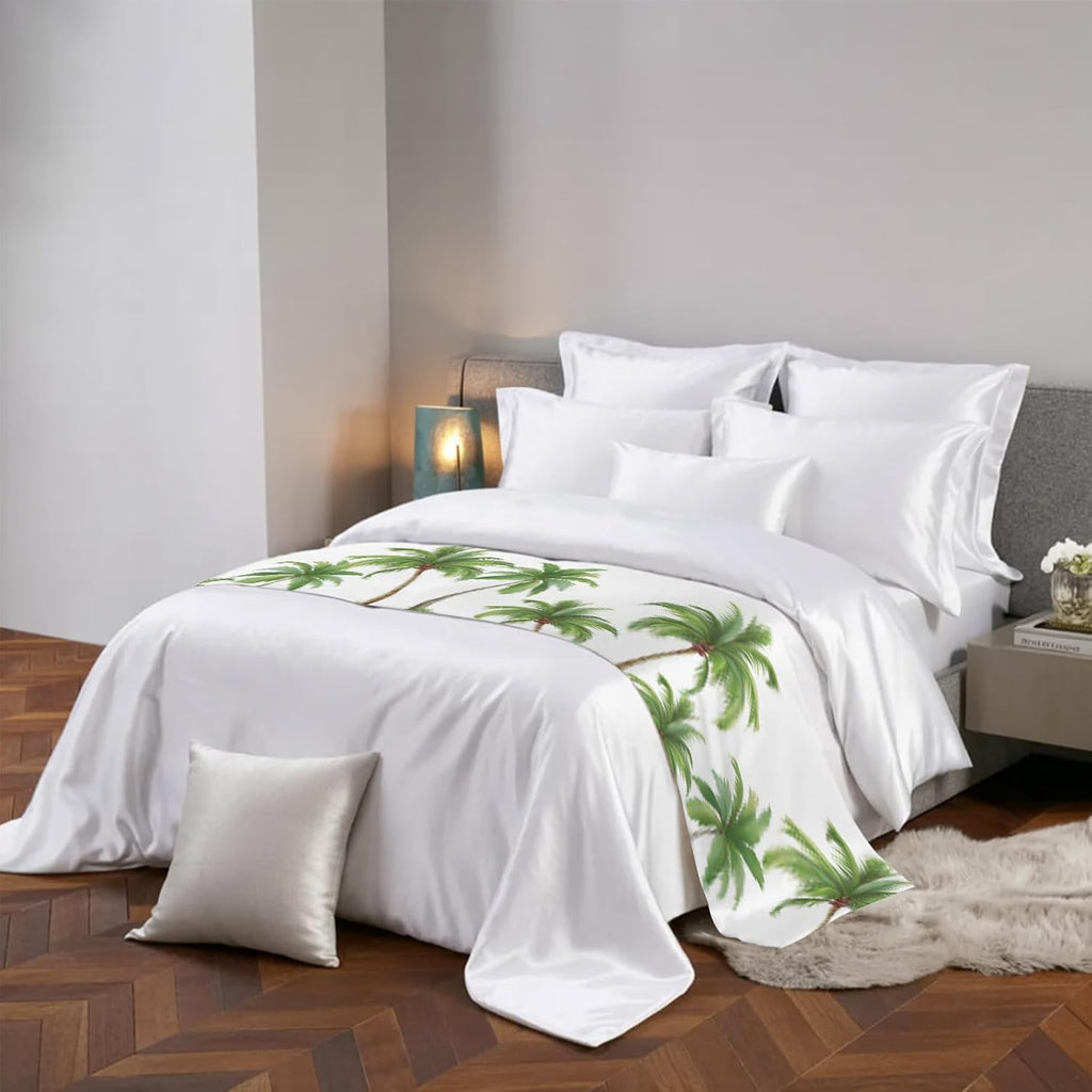 Green Palm Trees Bed Runner Scarf Cal King Size, Summer Botanical Tree Tropical Luxury Bed Throw Runners & Scarves for Twin Full Queen King Foot of Beds, Hotel Decoration, 102"x20"