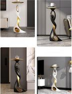 Special Metal End Table with Tray Top, Modern Creative Resin Statue, Floor-Standing Dancing People Sculpture Tray for Living Room(Black)