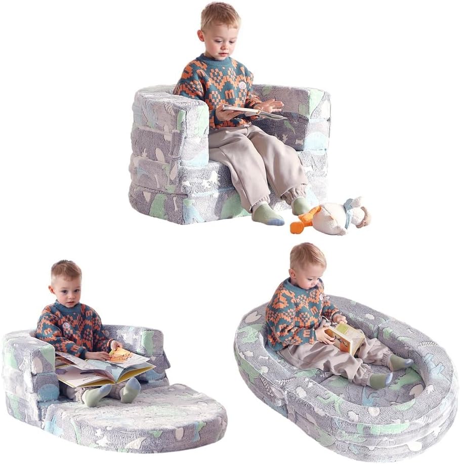 Tiita 3-in-1 Kids Sofa Bed, Comfy Couch Plush Toddler Chair Bed, Convertible Toddler Travel Beds, Folding Kids Couch with Washable Cover Carrying Handle for Girls and Boys