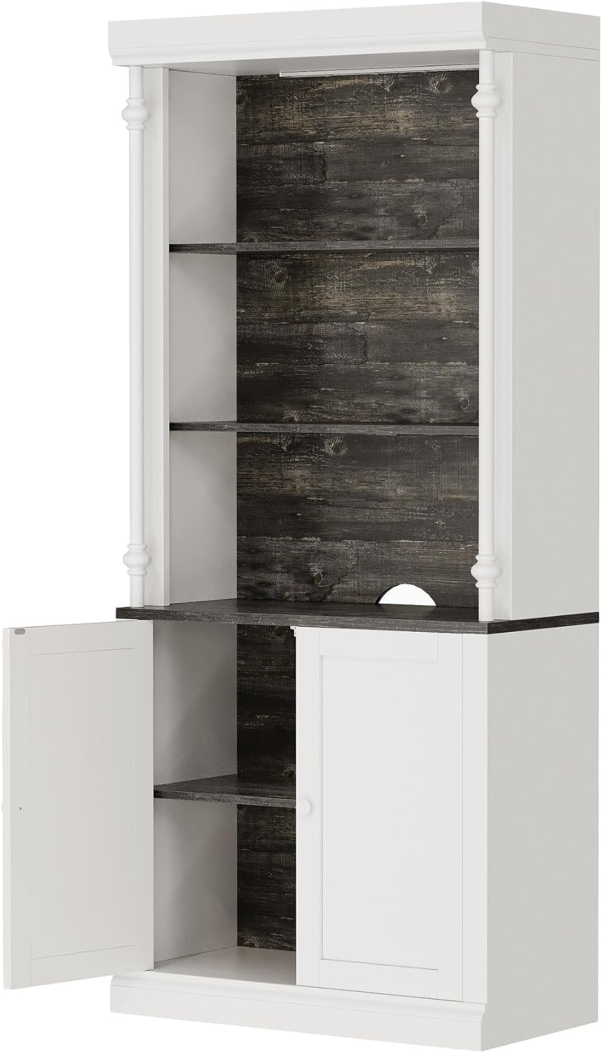 71 Inch Tall Storage Cabinet with LED Lights, Freestanding Pantry Cabinet with Double Doors and Adjustable Shelves, Roman Column Bookcase for Kitchen Dining Room Living Room