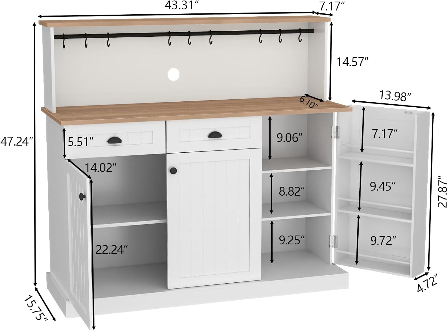 Gyfimoie Sideboard Buffet Cabinet with 2 Drawers, Farmhouse Kitchen Pantry with Adjustable Shelves, Coffee Bar Cupboard Cabinet with 3 Doors for Kitchen, Dining Room (White)