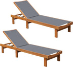 Tangkula Wood Lounge Chair Outdoor Set of 2, Patio Chaise Lounger with 5 Position Adjustable Back, Eucalyptus Wood Reclining Lounge Chair with Breathable Fabric for Poolside Lawn Backyard (Grey)