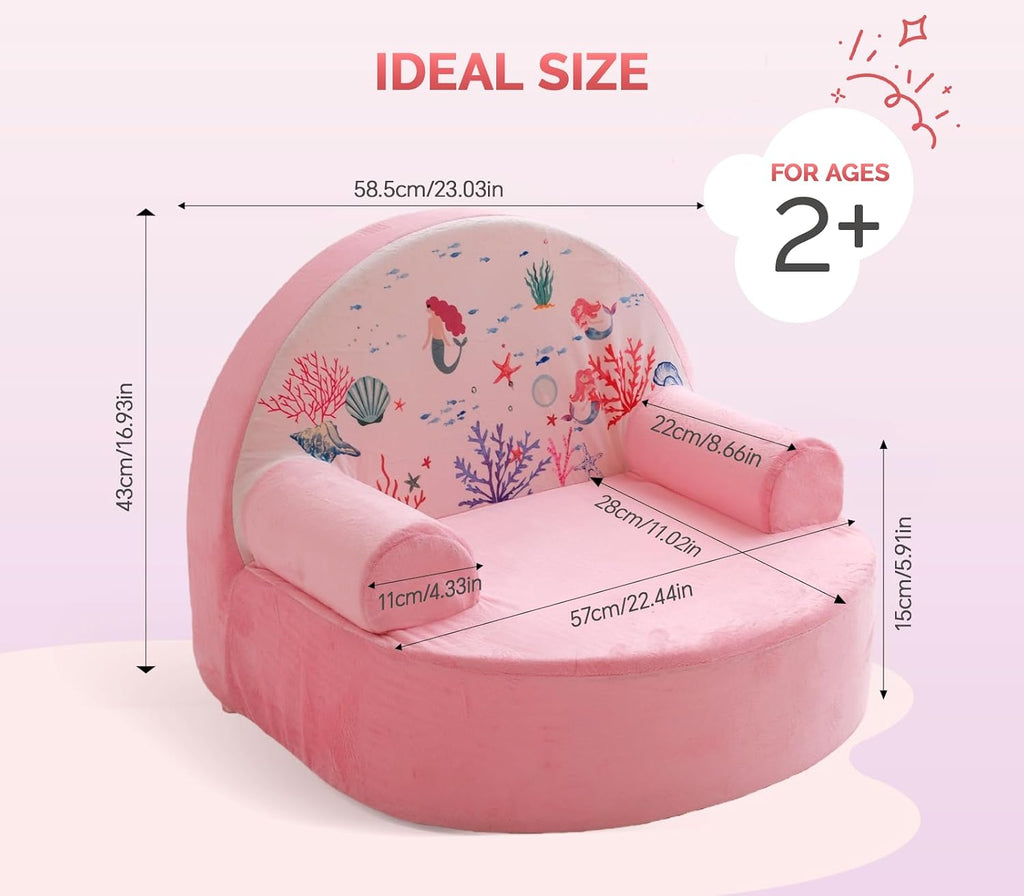 Snuggly Toddler Chair, Soft Kids Sofa with Back, Cozy Kids Couch Comfy for Toddlers 1-3, Plush Child Seat with Carry Handle, Kids Furniture Gift for Girls & Boys (Pink Mermaid)