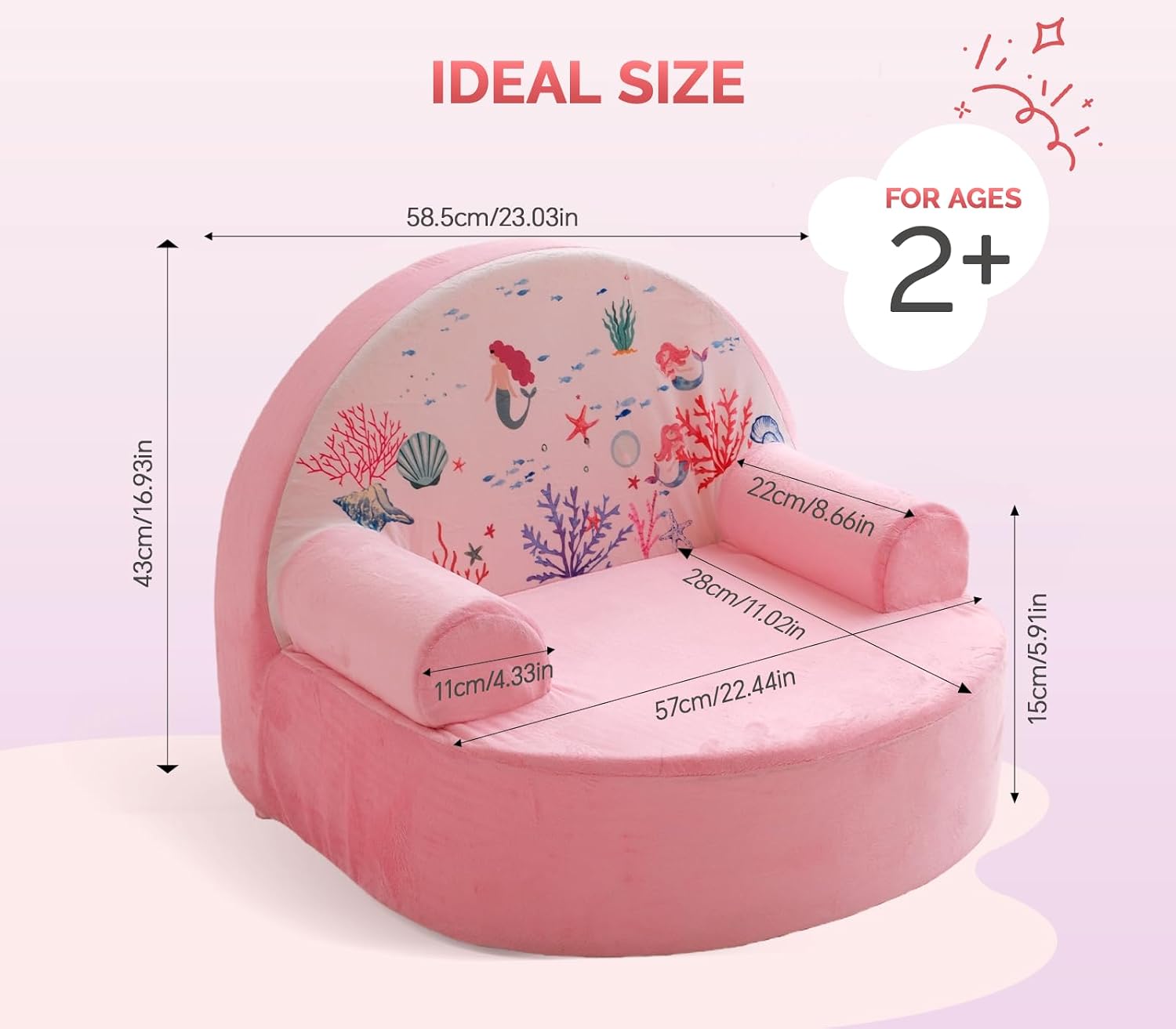 Snuggly Toddler Chair, Soft Kids Sofa with Back, Cozy Kids Couch Comfy for Toddlers 1-3, Plush Child Seat with Carry Handle, Kids Furniture Gift for Girls & Boys (Pink Mermaid)