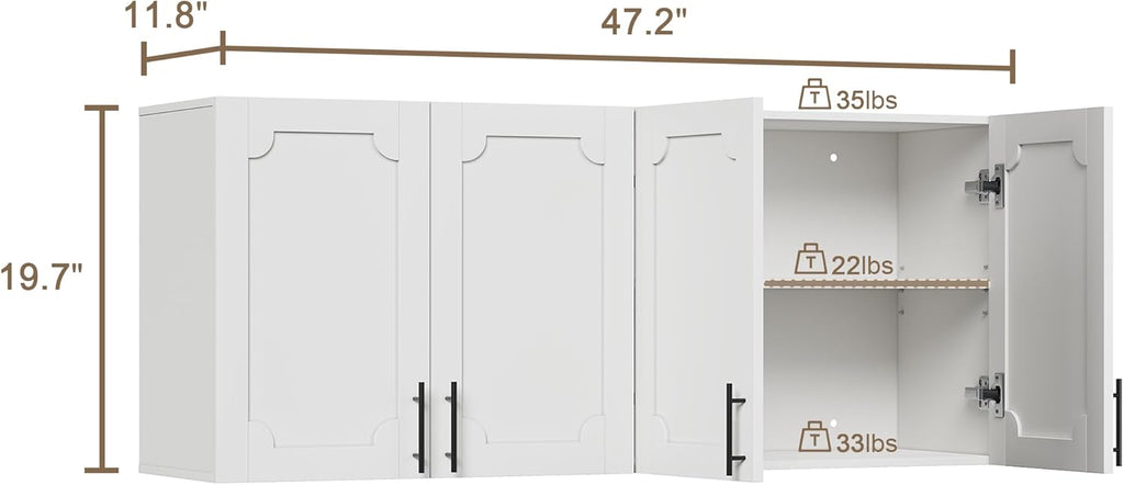 Treocho White Laundry Room Cabinet with 4 Doors, Modern Bathroom Cabinet Wall-Mounted with Adjustable Shelf, Kitchen Wall Storage Medicine Cabinet for Living Room,Garage