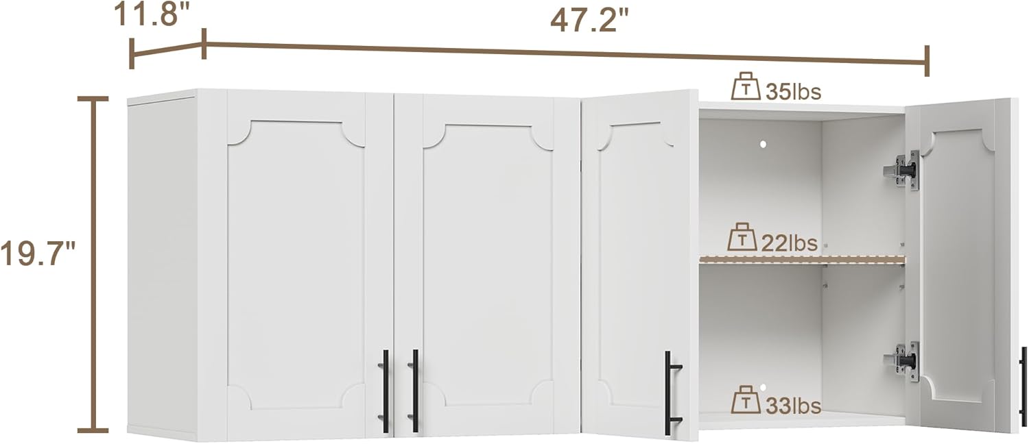 Treocho White Laundry Room Cabinet with 4 Doors, Modern Bathroom Cabinet Wall-Mounted with Adjustable Shelf, Kitchen Wall Storage Medicine Cabinet for Living Room,Garage