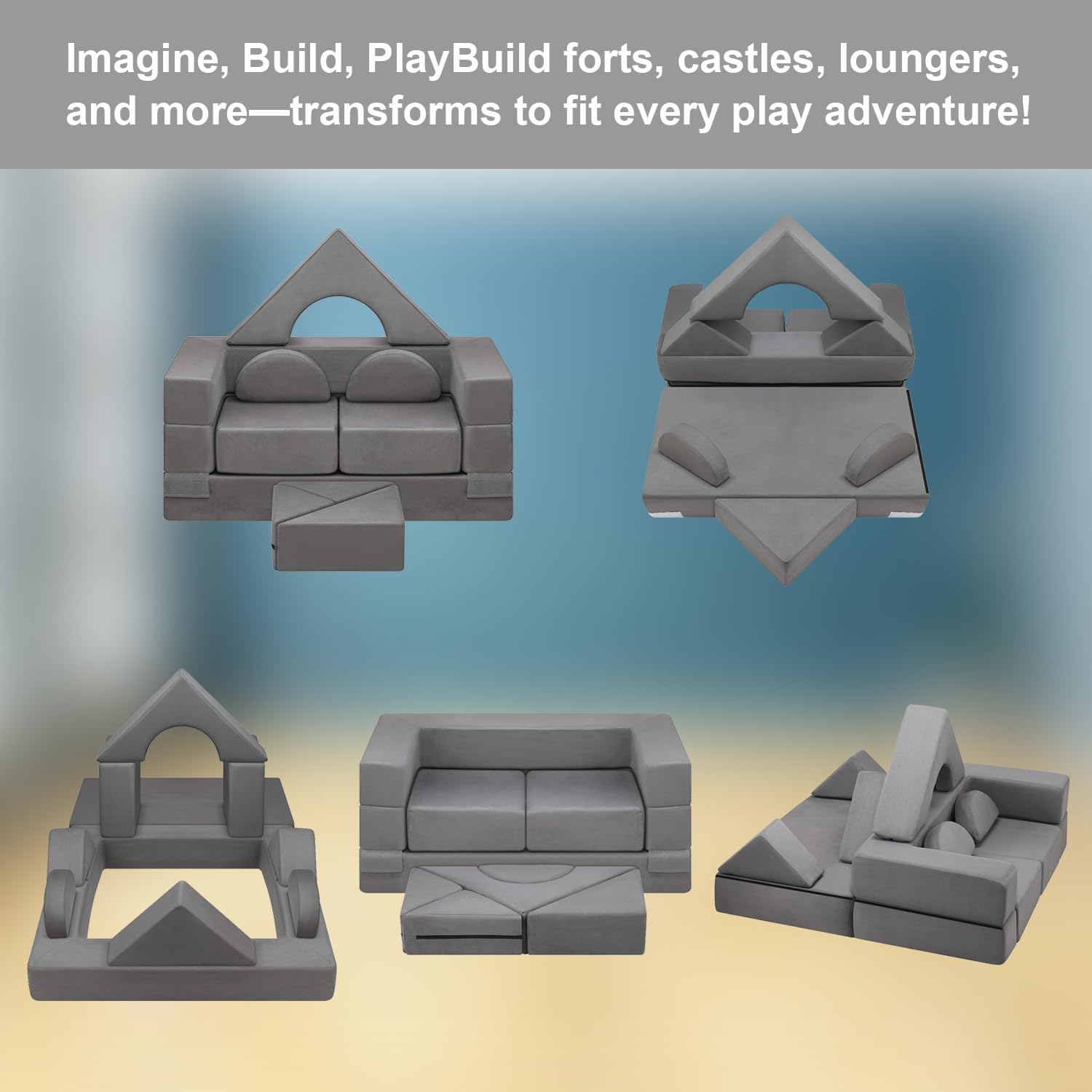 9pcs Modular Kids Play Couch, Toddler & Child Sectional Sofa, Convertible Foam and Floor Cushion for Boys and Girls, Foldable Playroom Bedroom Furniture, Gray