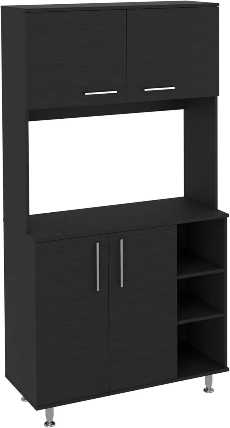 Kitchen Pantry Cabinet, 3 Shelves, Double Door & Open Rack - Black