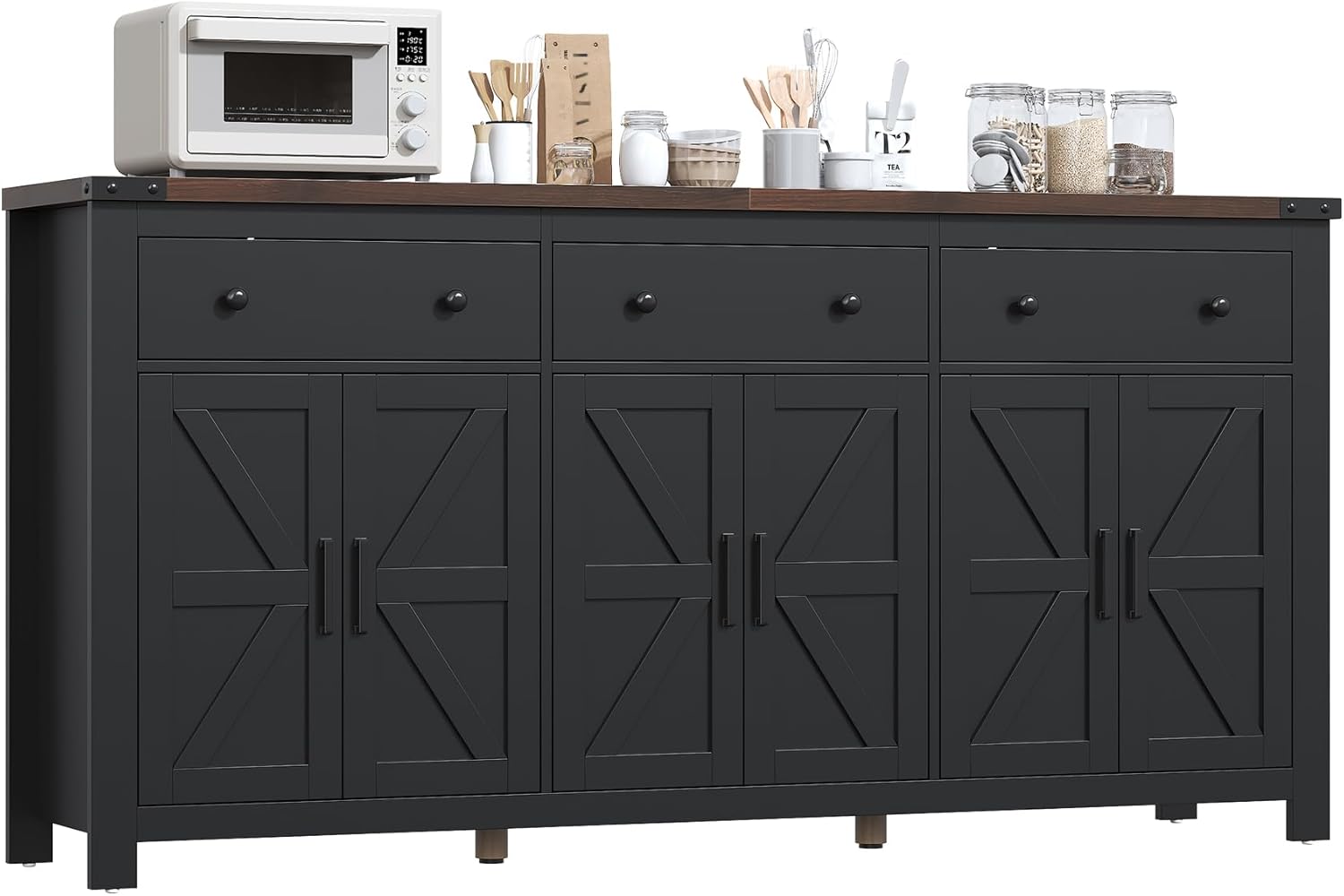 VVFLU 71" Large Sideboard Buffet Cabinet with Storage, Farmhouse Coffee Bar with 3 Drawers and 6 Barn Doors, Long Wider Storage Cabinet, for Kitchen, Dining Room, Living Room, Black Wood