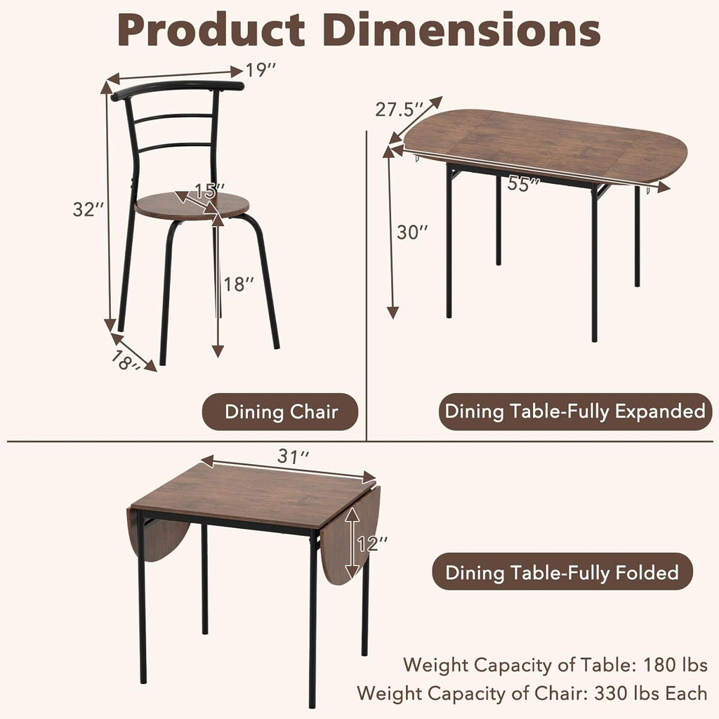GOFLAME 3-Piece Drop Leaf Dining Table Set, Extendable Kitchen Breakfast Table with 2 Chairs, Space Saving Folding Dining Room Set for Home Kitchen, Apartment, Small Space, Rustic Brown