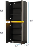 Furnify 71" Tall Pantry Storage Cabinet, Kitchen Pantry with High Gloss Doors, Modern Buffet Hutch Cabinet with Led Light and Adjustable Shelves for Dining Room, Living Room, Black
