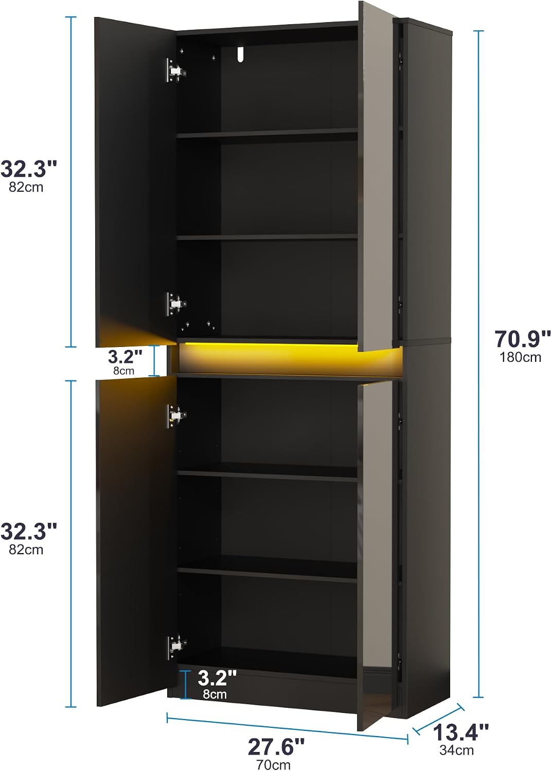 Furnify 71" Tall Pantry Storage Cabinet, Kitchen Pantry with High Gloss Doors, Modern Buffet Hutch Cabinet with Led Light and Adjustable Shelves for Dining Room, Living Room, Black