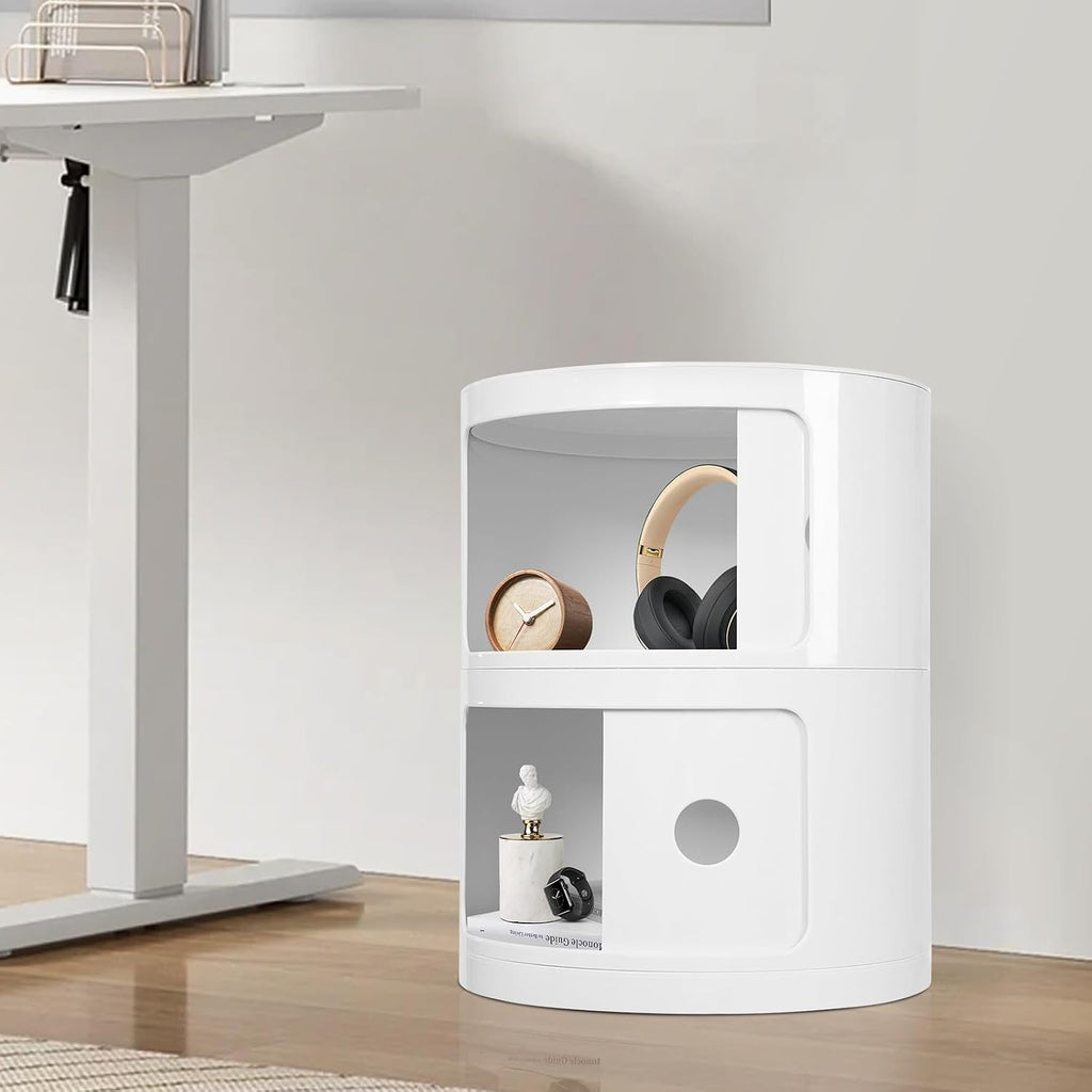 2-Tier Circular Nightstand, Round Nightstand, Circular Side Table with Drawer, Cylindrical Cabinet, ABS Sliding Doors, Modern Bedside Table for Bedroom Living Room, 12.5 Inch, 88 Lbs Capacity