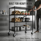 Finnhomy 4 Tier Heavy Duty Commercial Grade Rolling Cart with Handle Bar, Metal Wire Utility Cart with Wheels, Service Trolley on Wheels, Shelf Size 24" D x 36" W, NSF, Black