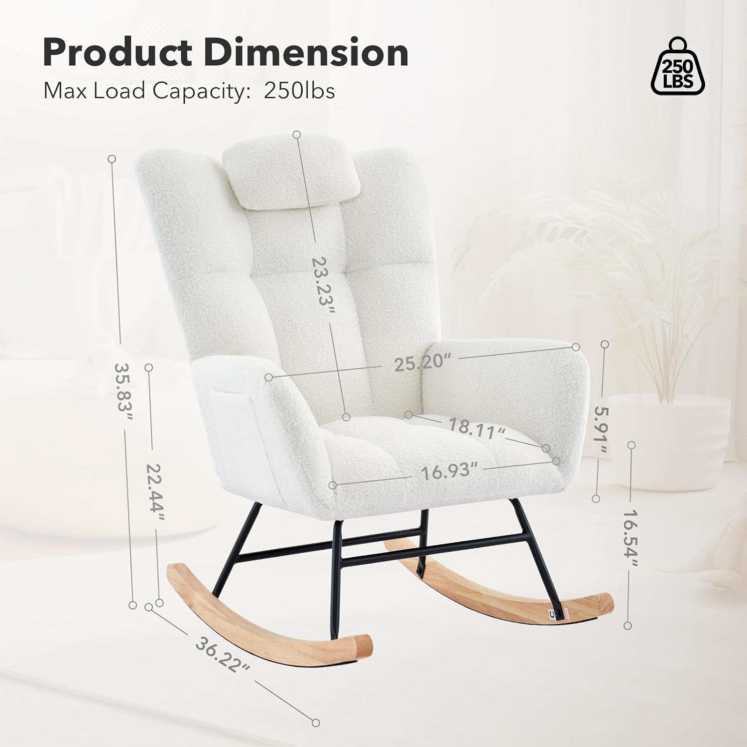 GarveeLife Nursery Rocking Chair,Teddy Upholstered Padded Seat Rocking Chair with High Backrest,Modern Accent Recliner for Living Room, Bedroom, Cozy Reading