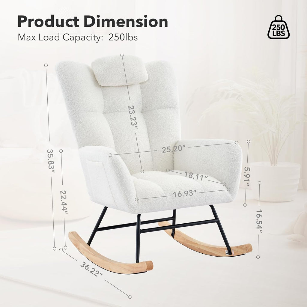 GarveeTech Nursery Rocking Chair,Teddy Upholstered Padded Seat Rocking Chair with High Backrest,Modern Accent Recliner for Living Room,Bedroom,Cozy Reading
