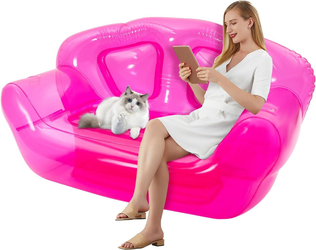 Transparent Inflatable Sofa, Double Person Blow-Up Chair, Portable PVC Air Couch Furniture for Kids Adult Indoor/Outdoor Use, Camping, Beach, Patio & Yard PVC Furniture,180-200kg Load Capital(Red)