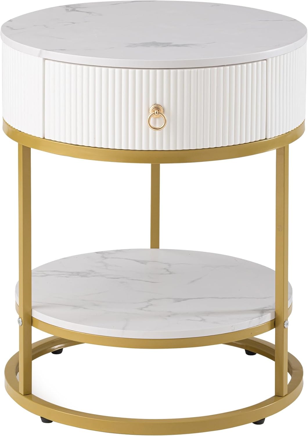 SUNBURY 19.7" Round Side Table with Drawer, Modern Faux Marble End Table with Open Storage Shelf, Gold Metal Frame Sofa Table for Living Room, Office, and Small Spaces, White & Gold