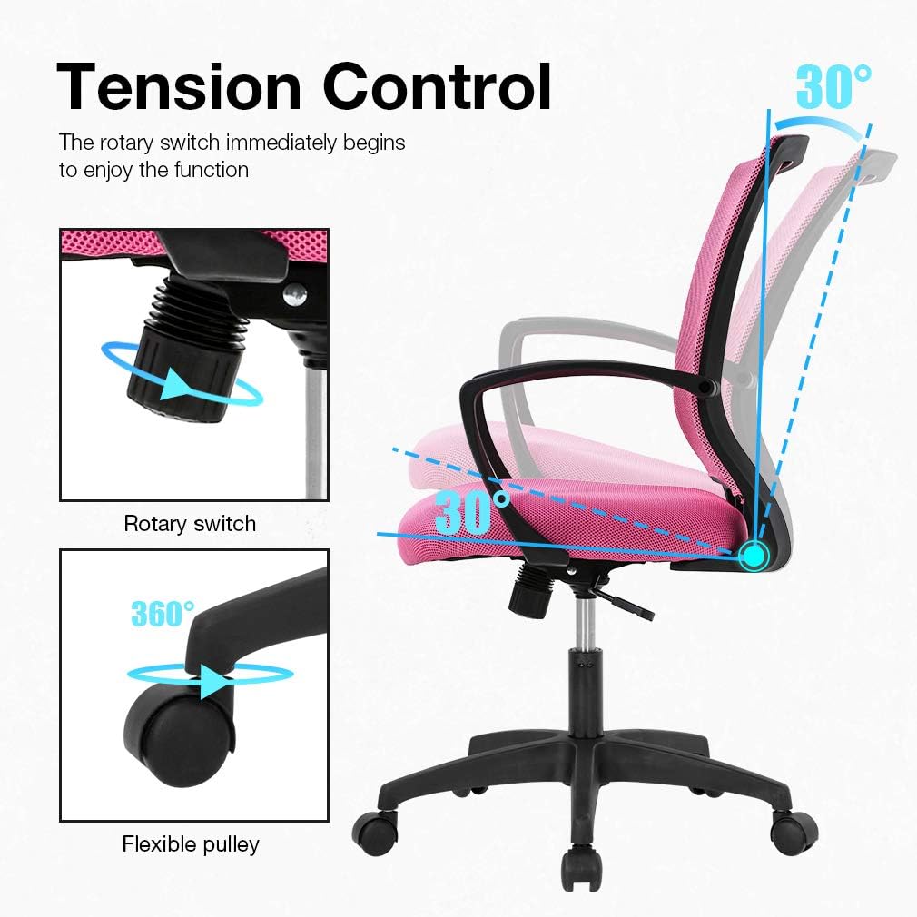 Ergonomic Office Chair Desk Computer Mesh Executive Task Rolling Gaming Swivel Modern Adjustable with Mid Back Lumbar Support Armrest for Home Women Men,Pink