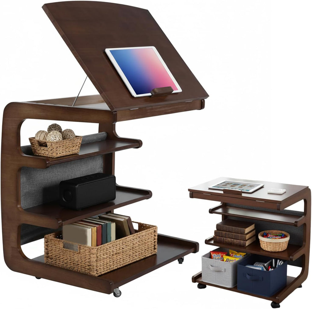 Wooden C-Shaped End Table with 2 Lockable Wheels 4-Tier Small Side Table with Storage Bag Adjustable Desktop 360 Degree Swivel TV Tray for Living Room Bedroom Use