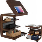 Wooden C-Shaped End Table with 2 Lockable Wheels 4-Tier Small Side Table with Storage Bag Adjustable Desktop 360 Degree Swivel TV Tray for Living Room Bedroom Use