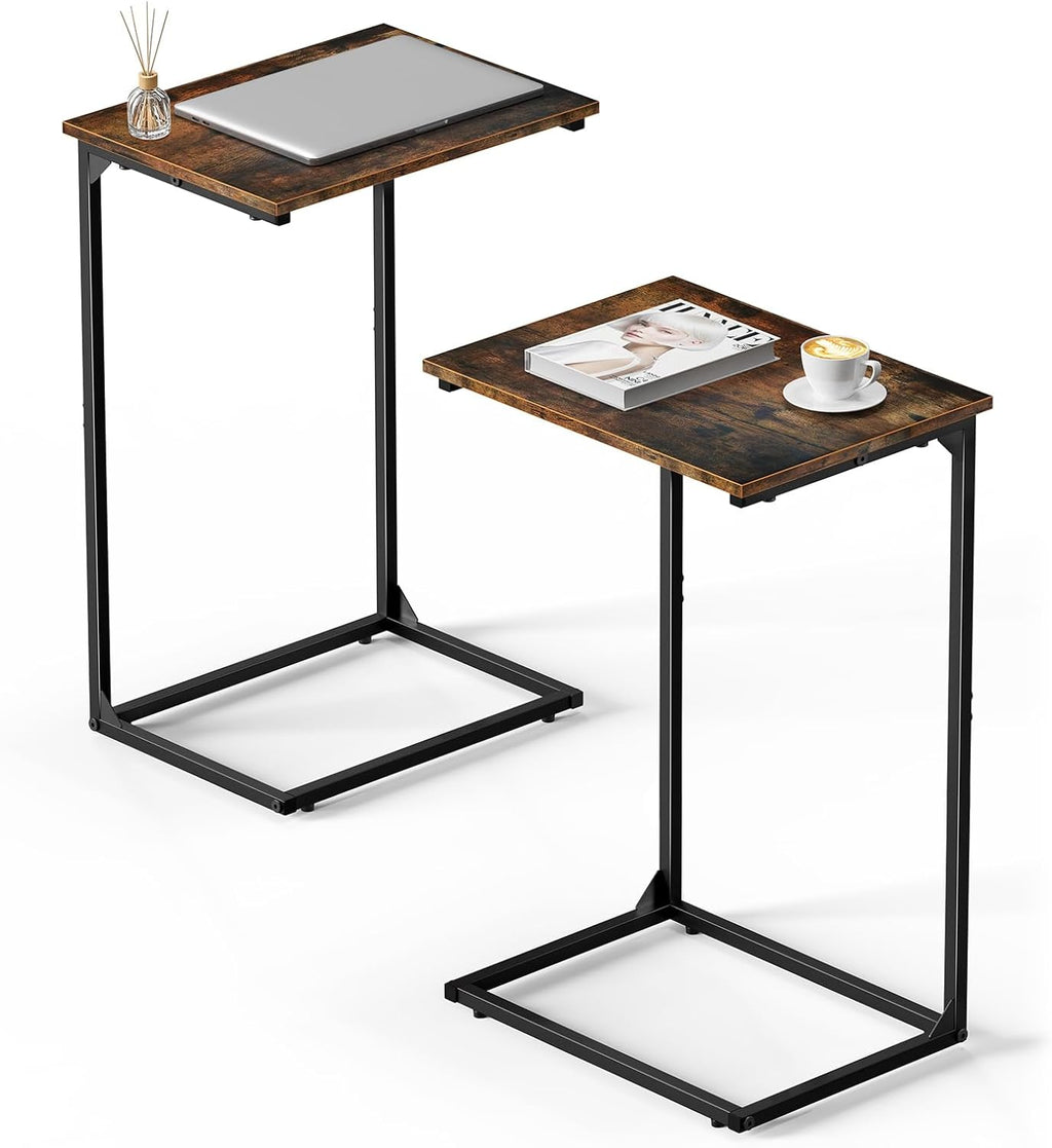 C Shaped End Tables Set of 2, Couch Tables that Slide Under Sofa, High Table TV Trays for Living Room & Bedroom, Modern Side Tables with Sturdy Metal Frame, Rustic Brown (Rustic Brown)