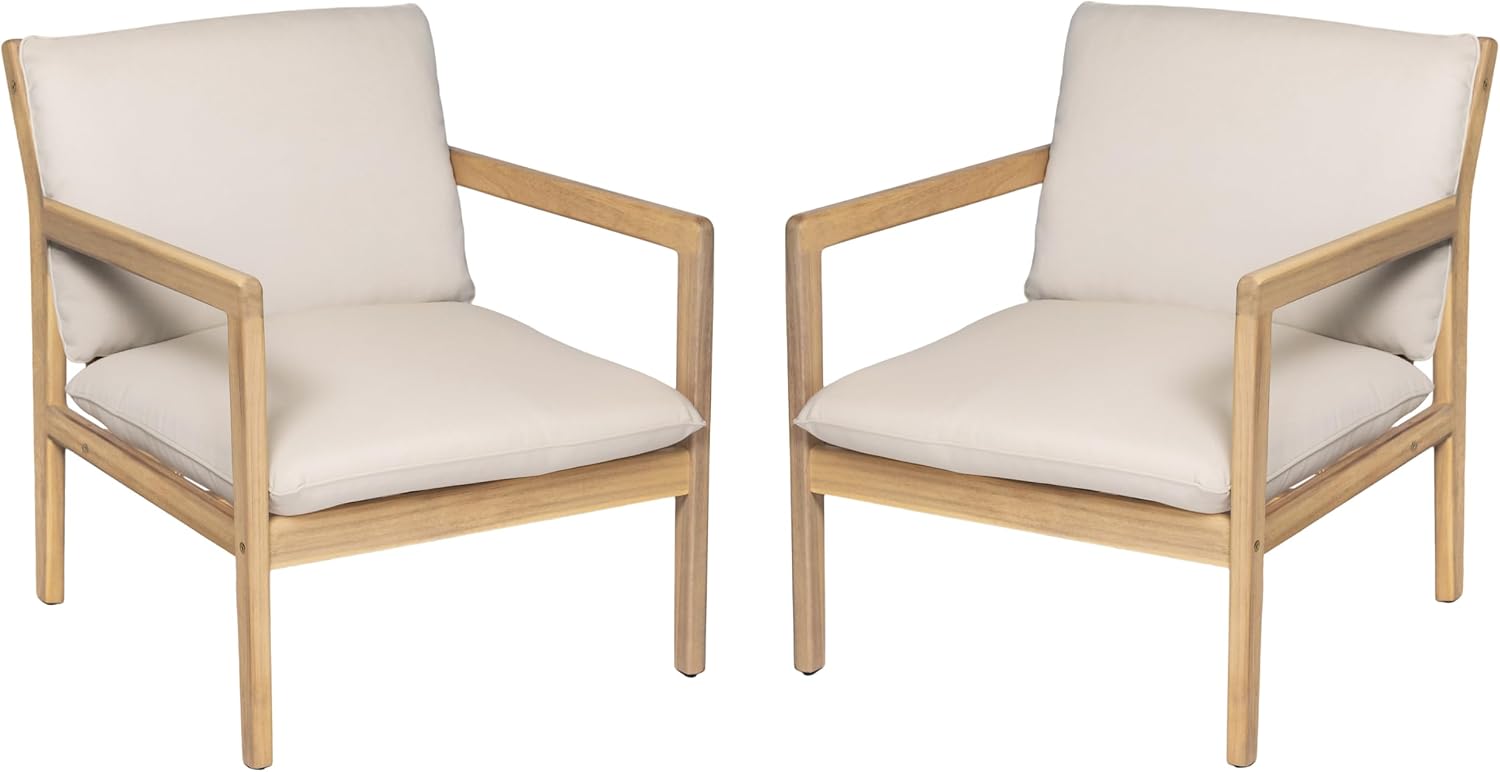 Elountik Acacia Wood Patio Club Chair Set of 2 with Cushions, Outdoor Armchairs for Patio Seating, Light Teak