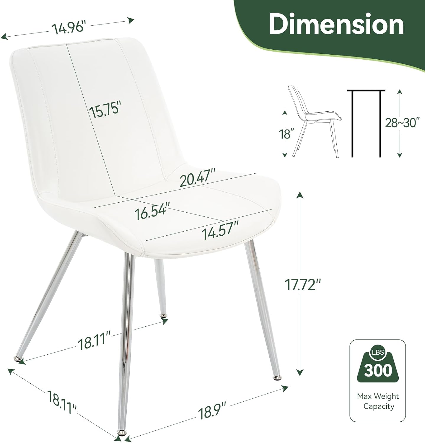 Vogue Furniture Direct Modern Dining Chairs Set of 2 - PU Leather Upholstered Armless Side Chairs with Metal Legs, Accent Chairs for Dining Room, Kitchen, Living Room (White, Silver Legs)