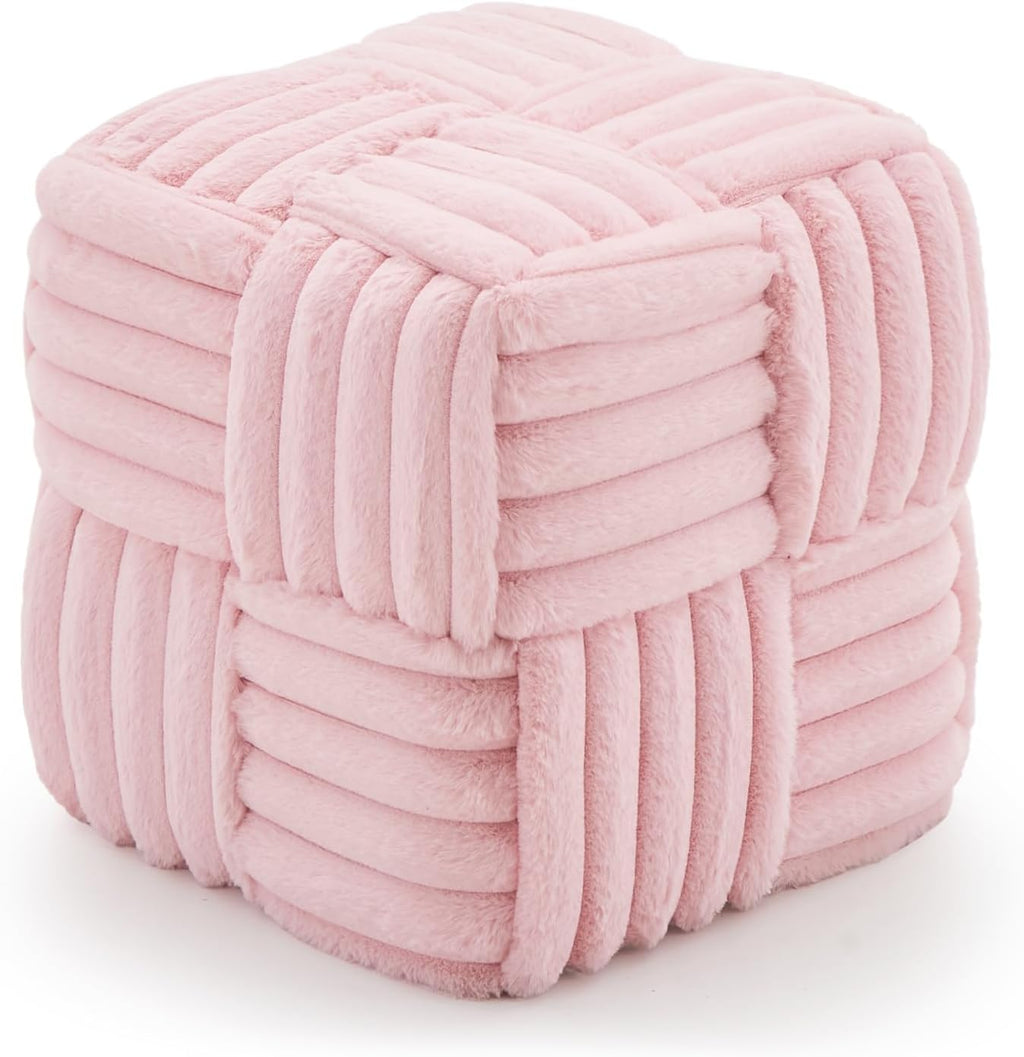 Faux Fur Ottoman Footrest 15.7" Square Vanity Stool, No Assembly Required, Soft Padded Seat for Bedroom, Living Room, Entryway (Pink)