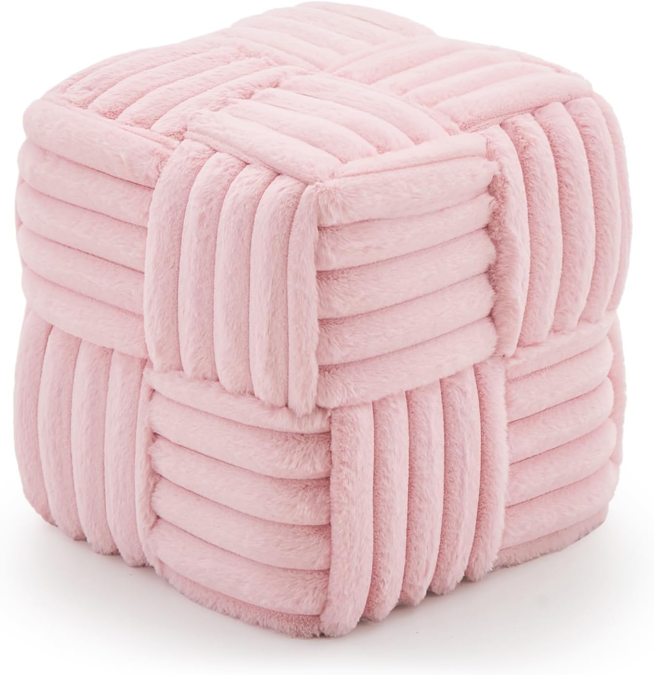 Faux Fur Ottoman Footrest 15.7" Square Vanity Stool, No Assembly Required, Soft Padded Seat for Bedroom, Living Room, Entryway (Pink)