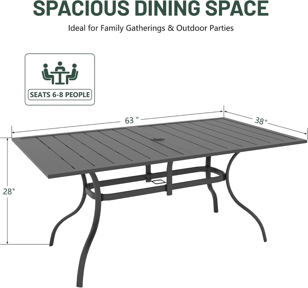 Anmutig 63" Rectangular Outdoor Dining Table, Metal Patio Table for 6 | Powder-Coated Steel Frame, Weather-Resistant Design, Slatted Metal Tabletop, Adjustable Umbrella Hole, Patio, Backyard Use