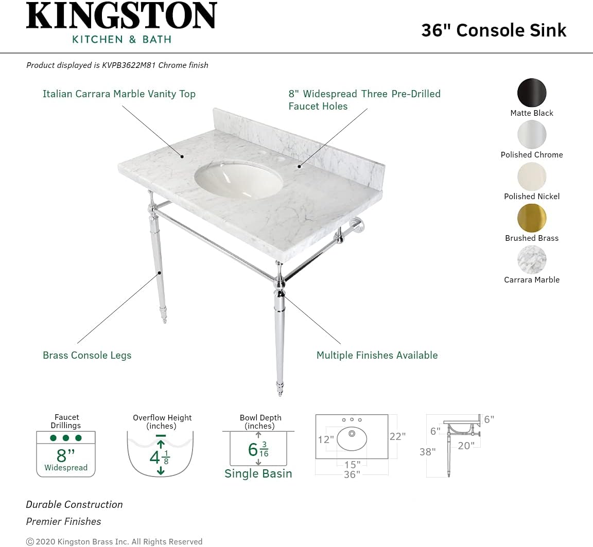 Kingston Brass KVPB3622M86 Edwardian 36" Console Sink with Brass Legs (8-Inch, 3 Hole), Marble White/Polished Nickel