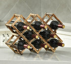Foldable Wooden Wine Rack, 10-Bottle Expandable Countertop Wine Holder with 8 Individual Slots and Top Storage, Carbonized Pine, No Assembly Required