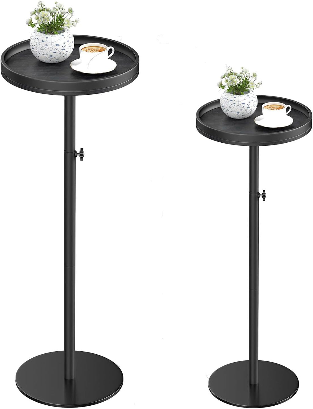 Height Adjustable Drink Table, Set of 2, Small Round Side Table, Martini Table with Weighted Base Pedestal for Small Spaces, Living Room, Bedroom, Couch (2, Black)
