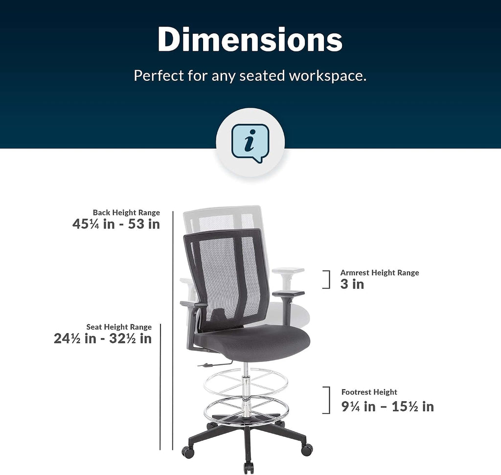 Vari Drafting Chair (VariDesk) - Tall Adjustable Office Chair with Footrest & Rolling Casters - Ergonomic Mesh Back for Lumbar Support - Ideal for Artist, Drafting Desk, or Counter Work - Black