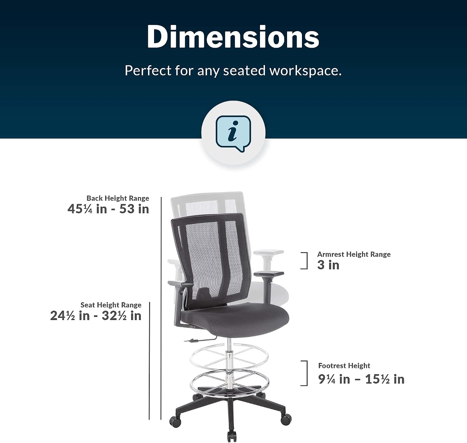 Vari Drafting Chair (VariDesk) - Tall Adjustable Office Chair with Footrest & Rolling Casters - Ergonomic Mesh Back for Lumbar Support - Ideal for Artist, Drafting Desk, or Counter Work - Black