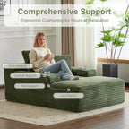 66" Oversized Chaise Lounge Sofa Chair Indoor, Modern Corduroy Single Sleeper Couch Chair with 3 Soft Pillows＆Cup Holder, Boneless Cloud Couch Single Seat Sofa Bed for Living Room Office (Green)