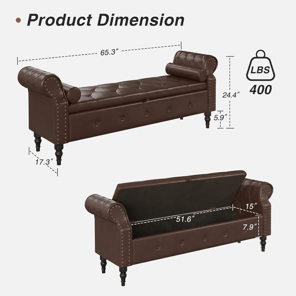 FiveWillowise 65" End of Bed Storage Bedroom Bench with Storage,Faux Leather Storage Ottoman Bench with Rolled Arms and Nailhead Trim for King Size End of Bed,Entryway,Living Room,Chocolate