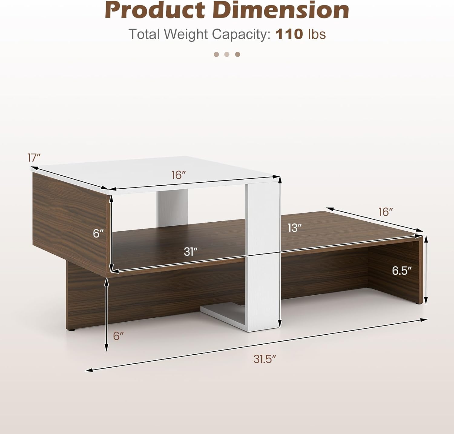 Giantex Small Coffee Table with Storage, 31.5" Wood Unique Center Table with 2-Tier Shelf, Low Accent Cocktail Tea Table, Mid Century Modern Coffee Table for Living Room, Small Spaces, Walnut & White