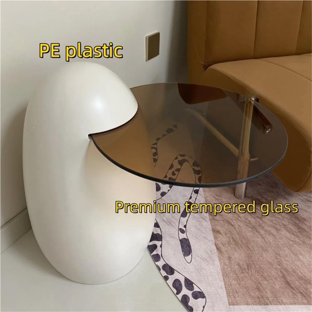 Modern PE Plastic Coffee Table, Nesting End Table with Glass Top, Creative Egg-Shaped Side Table for Living Room, Bedroom, Small Spaces