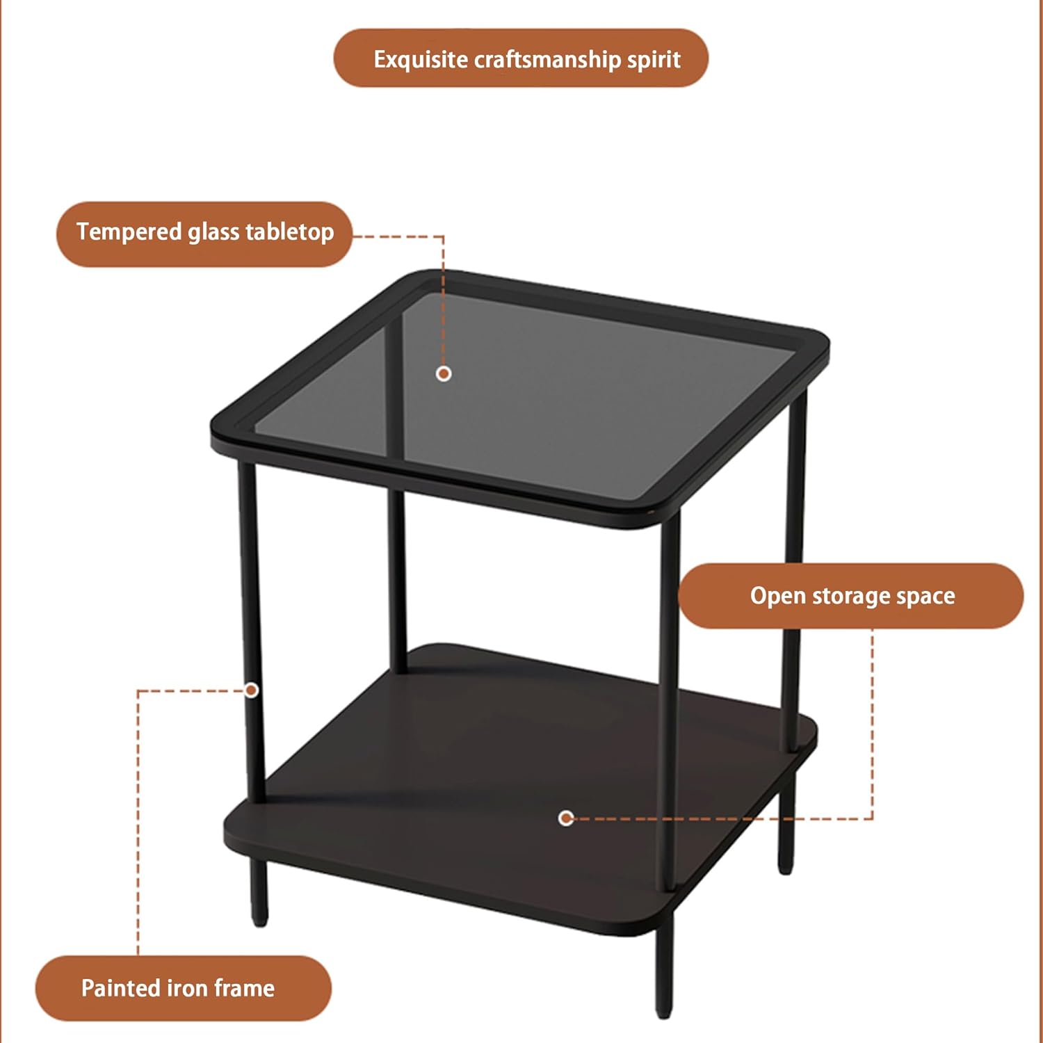 EASYSOUL Small Square Glass Coffee Tables for Living Room, 15.75 x 15.75 x 20.87 in, Side Table with 2 Drawers, Simple & Modern Nightstands for Small Space, Black End Tables (Black)