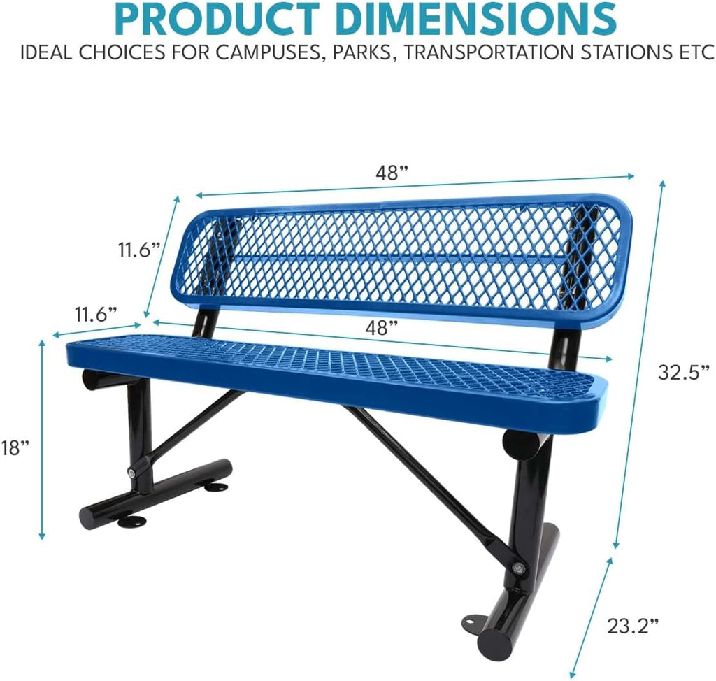 Outdoor Steel Bench with Backrest, Powder Coated Metal Park Seat, Perforated Mesh Patio Seating for Garden, Campus, Trail, Schoolyard, Transit Stop, Playground, Porch, Public Plaza