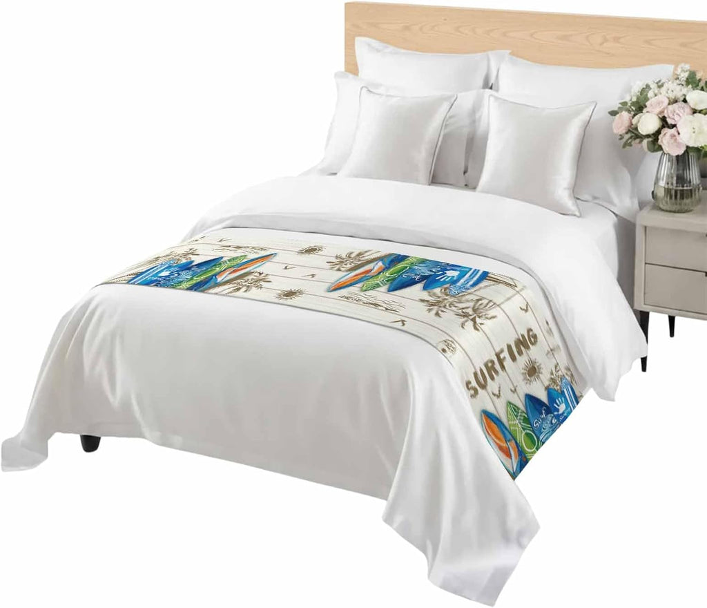Summer Surfing Bed Runner for King Size Bed, 102"x20" Surfboard Beach Palm Trees Wood Grain Retro Luxury Bed Runners & Scarves Decorative Bedding Scarf Protector Slipcover for Home Hotel