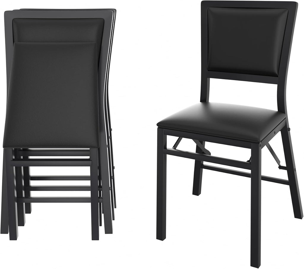 VECELO Folding Chairs Set of 4 with Cushion, Foldable Padded Seats with Heavy Duty Metal Frame for Kitchen/Dining/Living Room, No Assembly & Space Saving Design, Black
