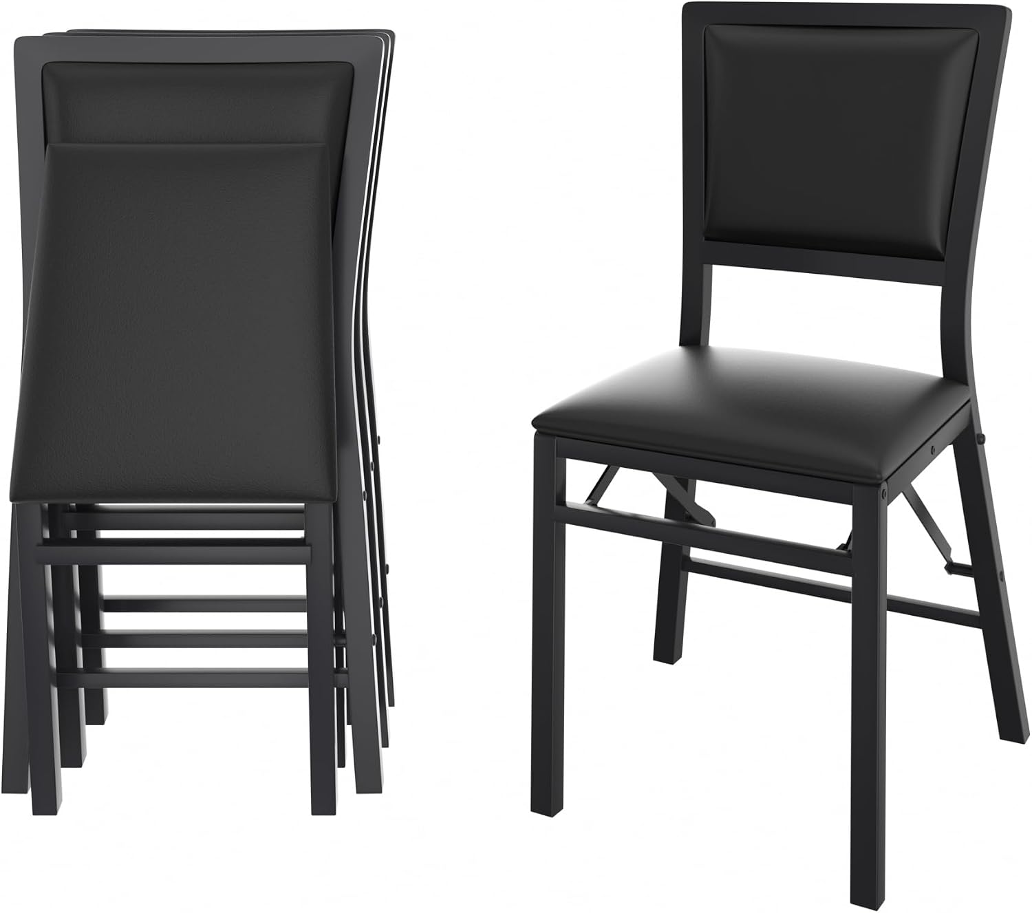 VECELO Folding Chairs Set of 4 with Cushion, Foldable Padded Seats with Heavy Duty Metal Frame for Kitchen/Dining/Living Room, No Assembly & Space Saving Design, Black