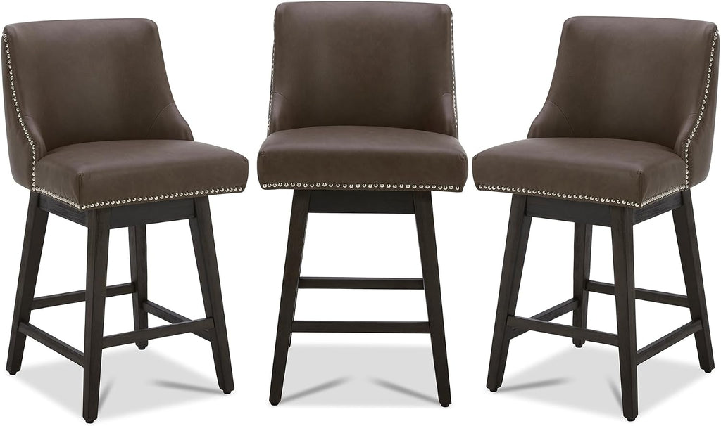 CHITA Counter Height Swivel Bar Stools Set of 3, FSC Certified Upholstered Counter Stools, Modern Swivel Barstools with Wood Legs for Kitchen Island, 26" Seat Height, Faux Leather in Chocolate