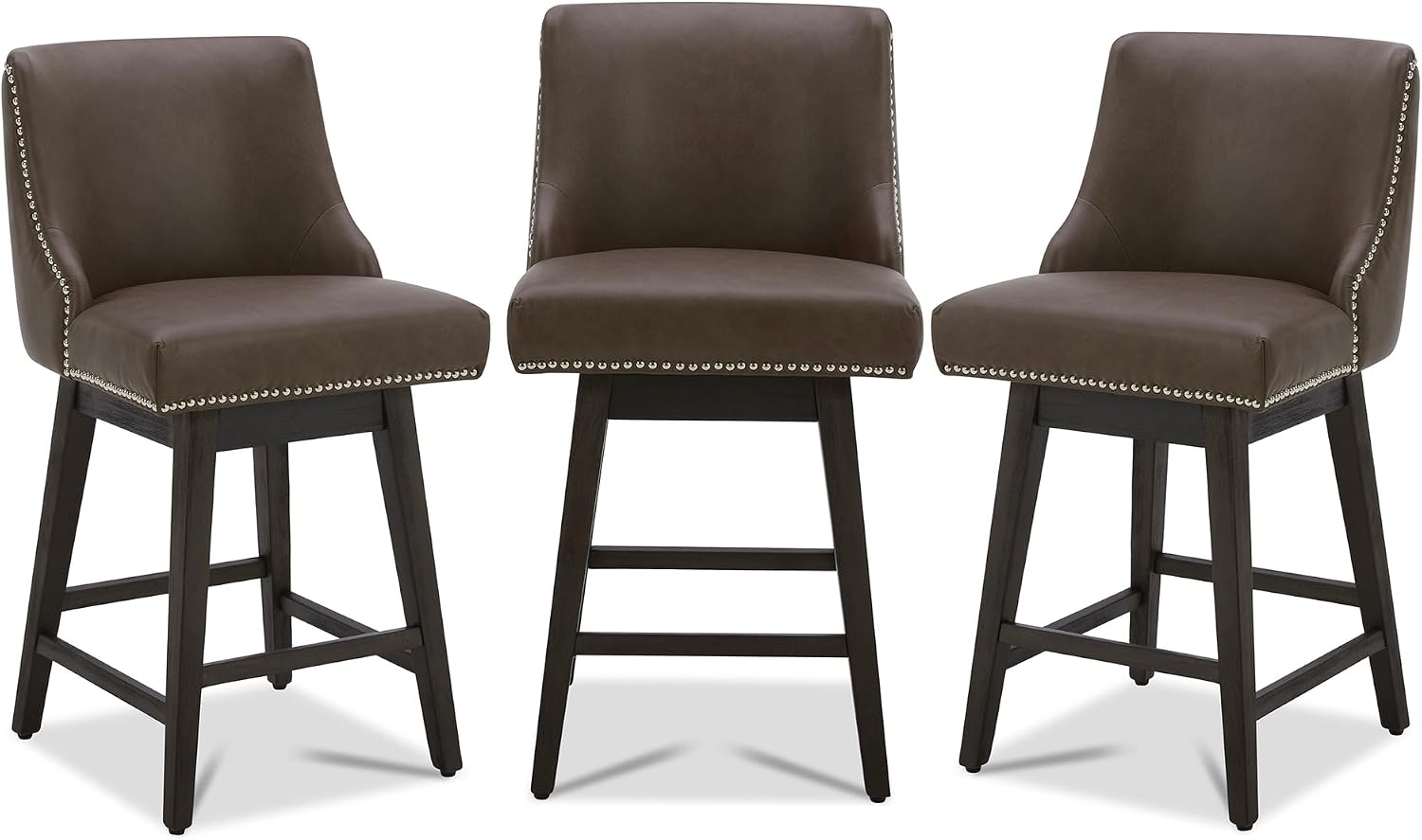 CHITA Counter Height Swivel Bar Stools Set of 3, FSC Certified Upholstered Counter Stools, Modern Swivel Barstools with Wood Legs for Kitchen Island, 26" Seat Height, Faux Leather in Chocolate